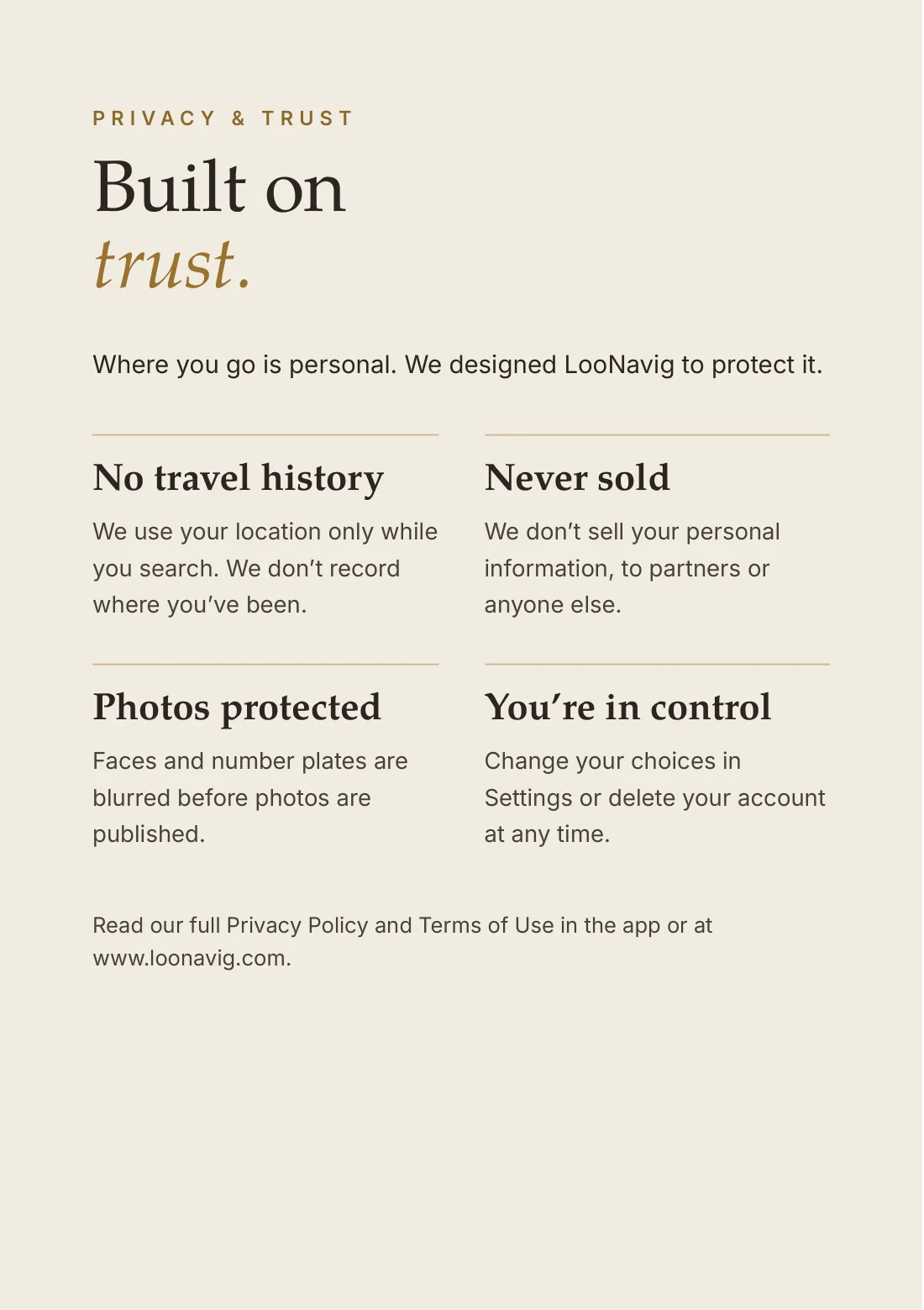 Privacy and trust: built on trust. No travel history: we use your location only while you search. Never sold: we don’t sell your personal information. Photos protected: faces and number plates are blurred before photos are published. You’re in control: change your choices in Settings or delete your account at any time.
